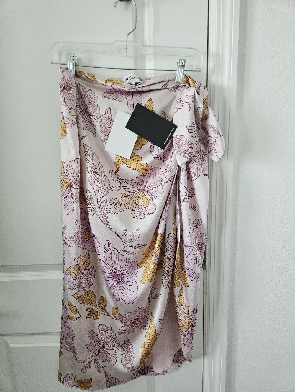 NWT En Saison Floral Satin Midi Wrap Skirt Pink Yellow Botanical Side Tie XS,S,M